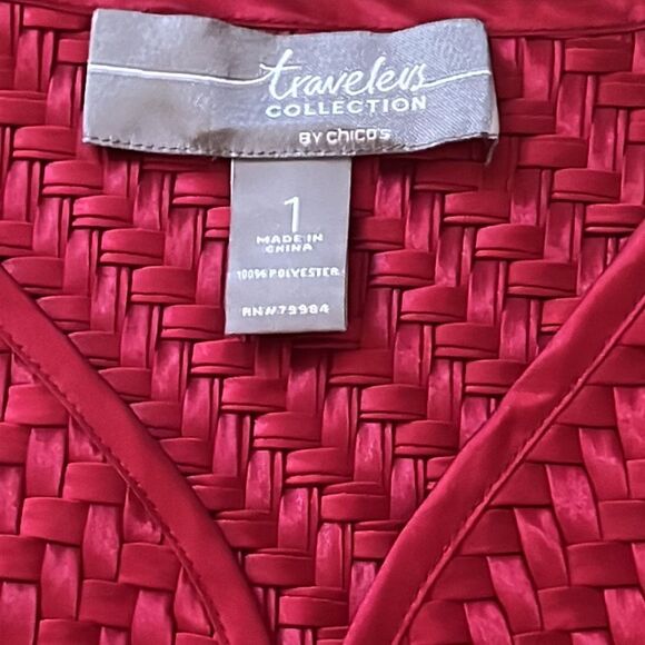 Chico’s Red Satin Travelers Open Front Basket Weave Boxy Jacket Topper 1 M - Picture 11 of 12